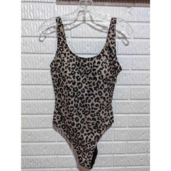Nicole Miller Women's Black Beige Leopard Print Spot One Piece Swim Suit Medium - Picture 1 of 7